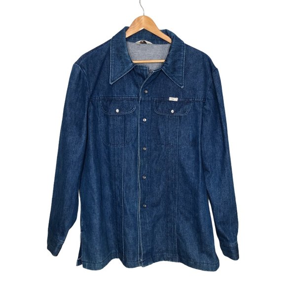 Heavy Denim Chore Jacket Shacket Blue Jean Vintage Pearl Snap - Picture 2 of 6